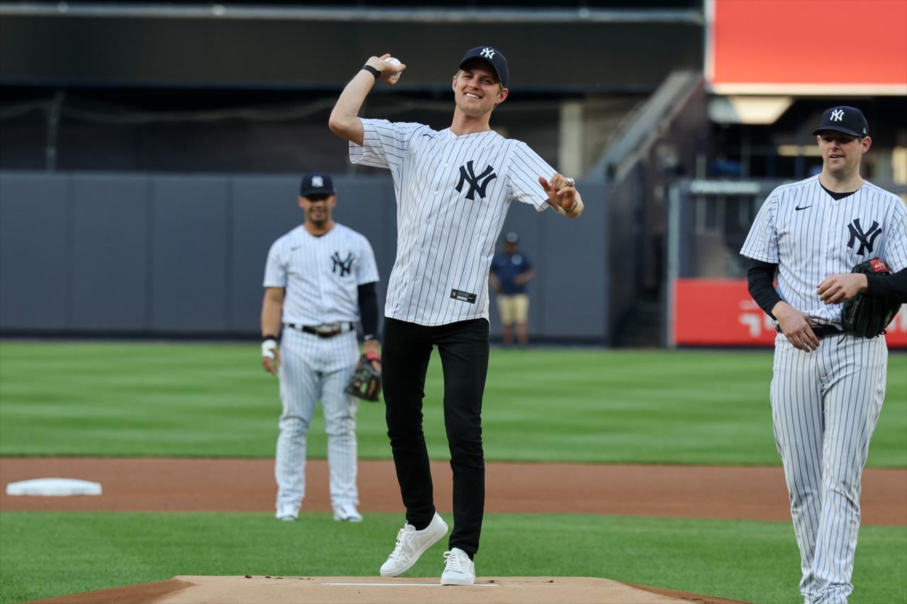 Marcus Ericsson throws out first pitch at Yankee Stadium - 2022 Indianapolis 500 Champion - NYC Media Tour - By: Chris Owens -- Photo by: Chris Owens